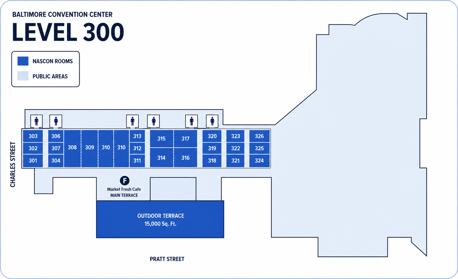Level 300 map of the Baltimore Convention Center showing NASCON rooms 301 through 326, nearby restrooms, the main terrace, and the outdoor terrace